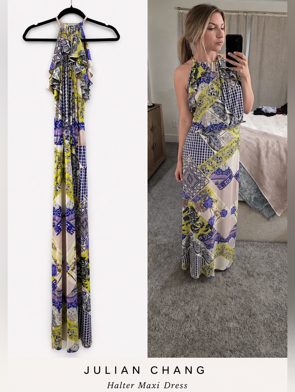 Julian Chang Patchwork Print Halter Maxi Dress Purple Chartreuse Size Small - Picture 5 of 15